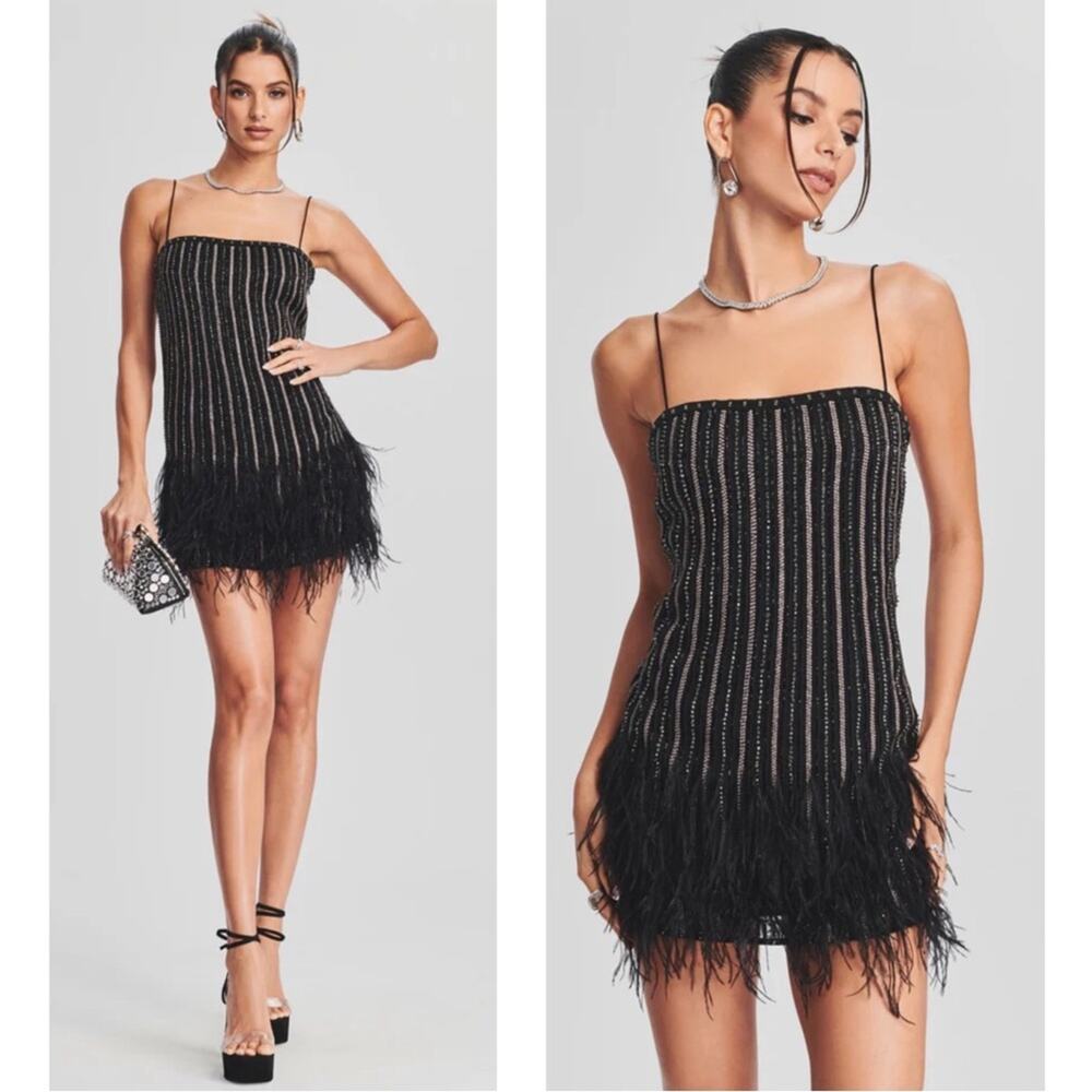 Retrofete Black and Silver Rubina Sequin Feather Hem Mini Dress Size Medium - Picture 2 of 12